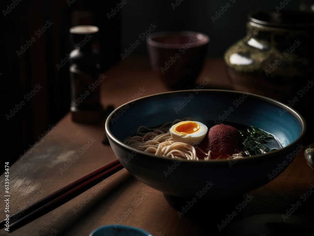 Hot delicious Japanese ramen noodles with egg. Generative AI Hot delicious Japanese ramen noodles with egg. Generative AI