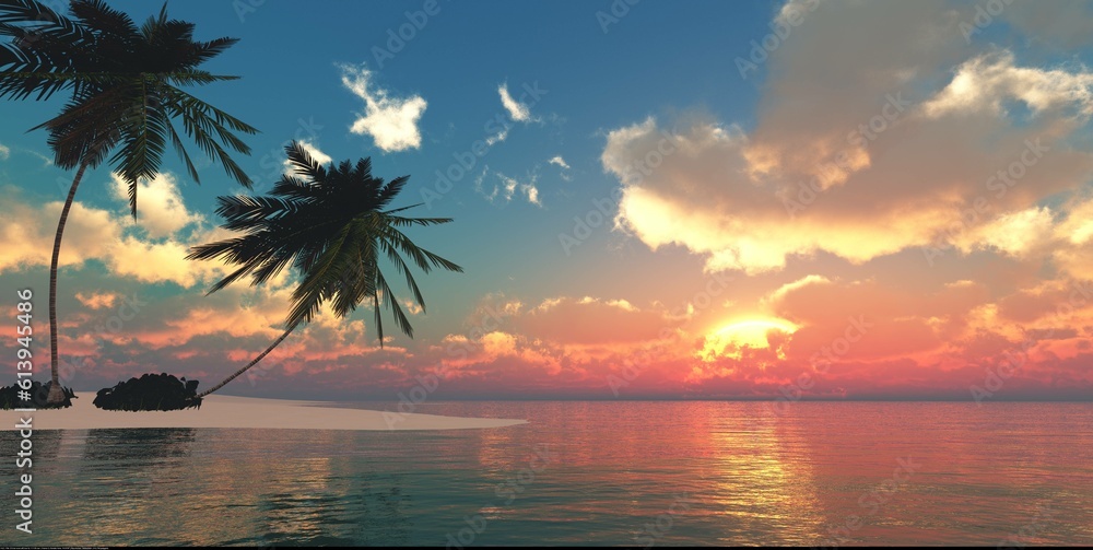 Beautiful beach with a palm tree at sunset, Sea sunset, ocean sunset, sun over water, sunny path on water, wild snowy coast at sunset, 3D rendering