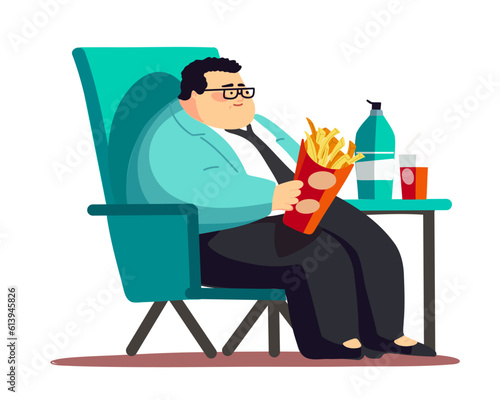 Fat man sitting with a pack of french fries and sweet water, overeating problem, doodle vector illustration
