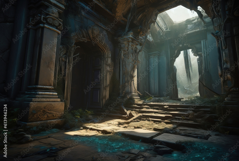 Fototapeta premium Fantasy scene ancient ruins, concept art. generative AI