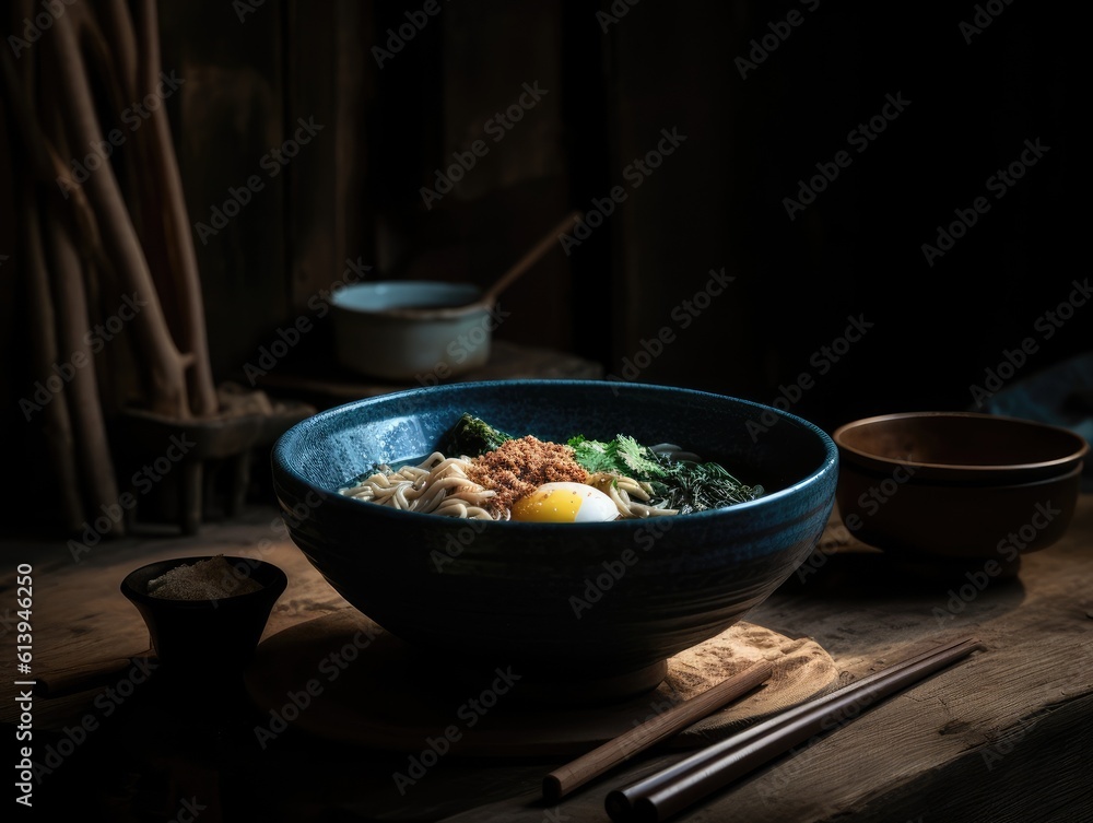 Hot delicious Japanese ramen noodles with egg. Generative AI Hot delicious Japanese ramen noodles with egg. Generative AI