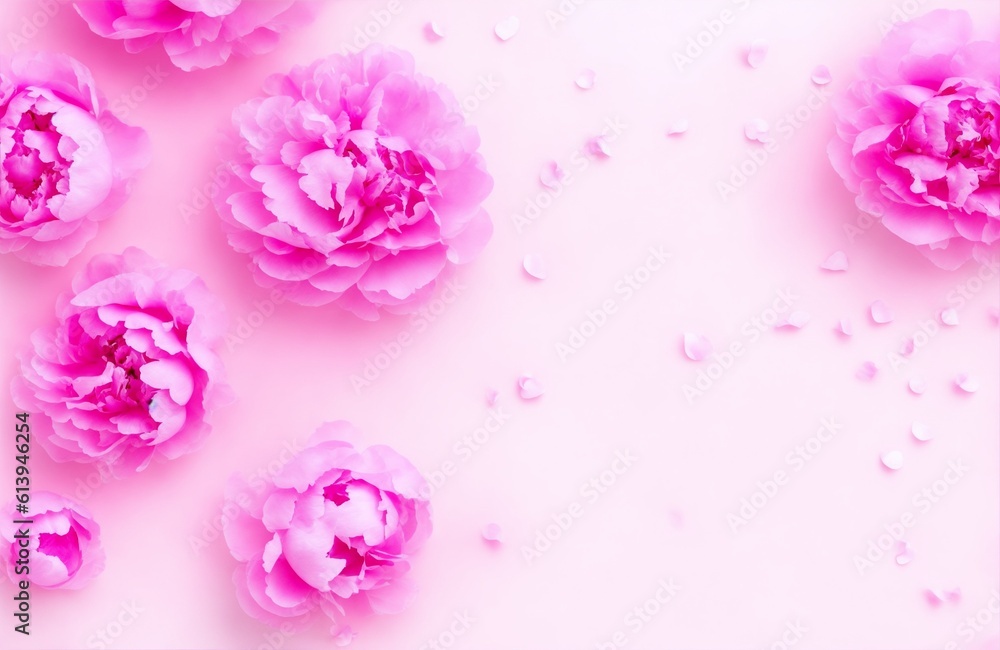 Tender peonies concept. Top view photo of empty space with bunch of bright pink and white peony flowers with small confetti hearts on isolated pastel pink background with copy-space, generative ai