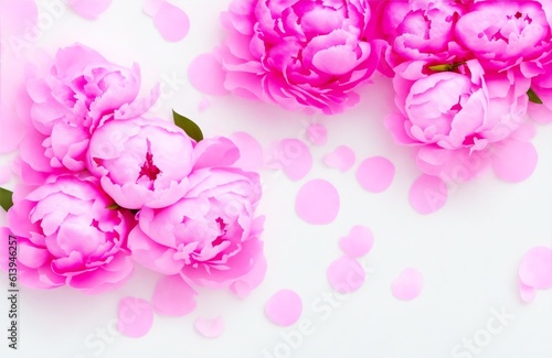 Tender peonies concept. Top view photo of empty space with bunch of bright pink and white peony flowers with small confetti hearts on isolated pastel pink background with copy-space, generative ai