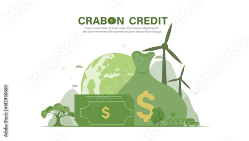 vector illustration concept of credit crabon with green icons Certification to drive industries and companies towards low emissions and carbon offsets.