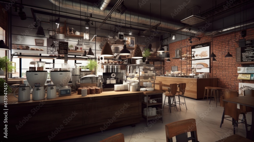Interior of a modern loft style coffee shop. Decorated walls, wooden bar counter, tables and chairs, hanging lamps and open shelves, huge windows. Modern hipster lifestyle concept. Generative AI
