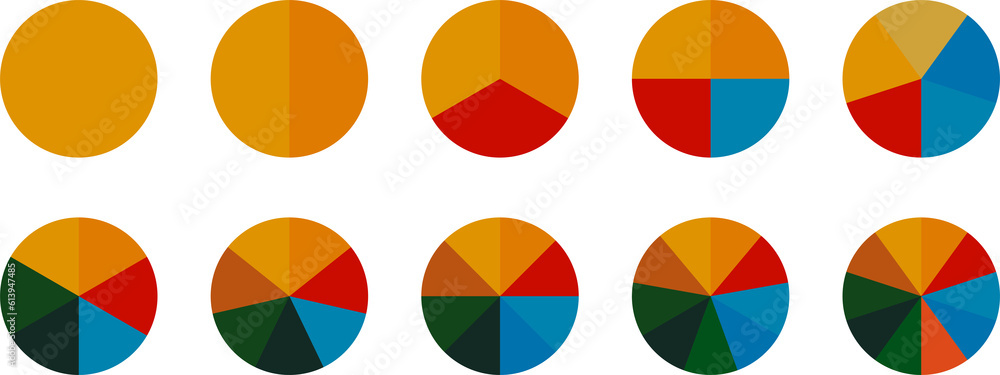 Set of circle pie chart signs. Colorful diagram collection with 2,3,4,5,6 sections. PNG Set of circle pie chart signs. Colorful diagram collection with 2,3,4,5,6 sections. PNG