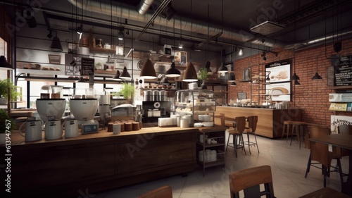 Interior of a modern loft style coffee shop. Decorated walls  wooden bar counter  tables and chairs  hanging lamps and open shelves  huge windows. Modern hipster lifestyle concept. Generative AI