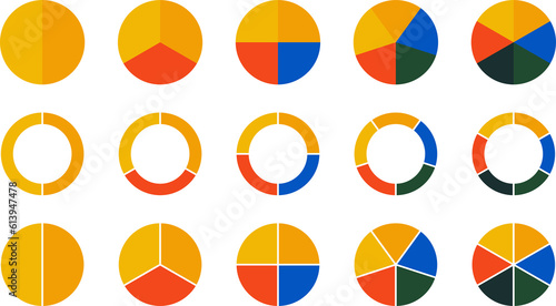 Set of circle pie chart icons. Colorful diagram with 10 sections. PNG