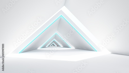 Futuristic interior background lamps glowing in white tunnel 3d render