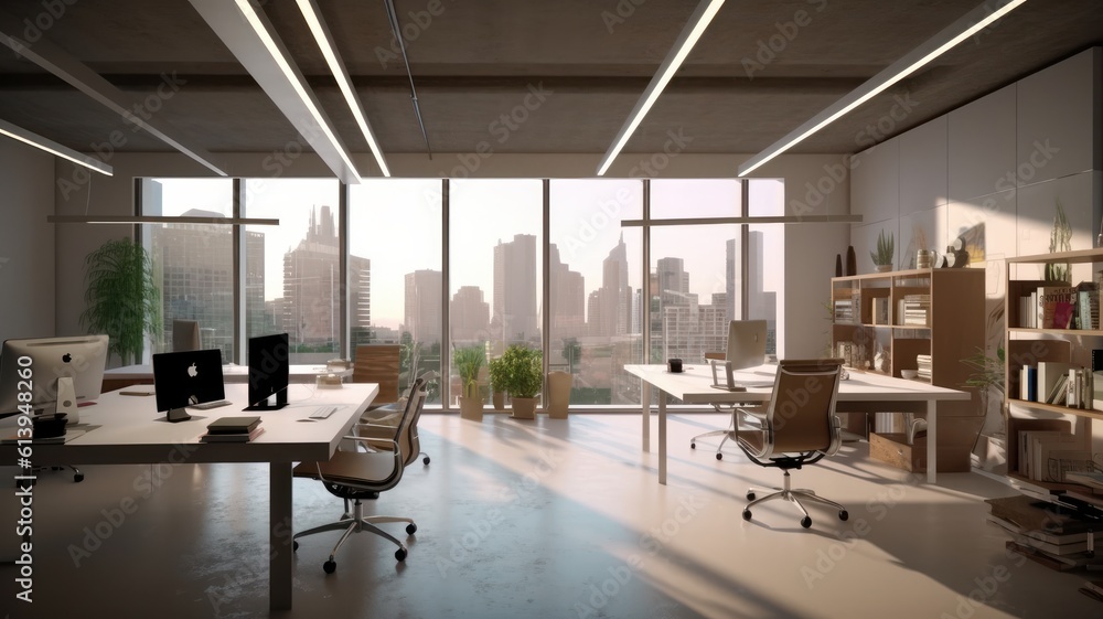 Loft style open space office in a modern urban building. Concrete floor and walls, large tables, comfortable chairs, desktop computers, plants in floor pots, floor-to-ceiling windows Generative AI Loft style open space office in a modern urban building. Concrete floor and walls, large tables, comfortable chairs, desktop computers, plants in floor pots, floor-to-ceiling windows Generative AI