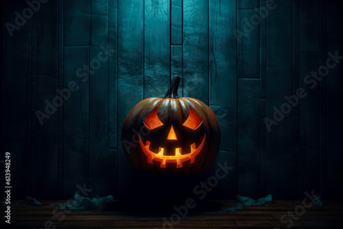 Evil Jack O Lantern Smiling Face sitting on a stone wall. Halloween evil pumpkin background