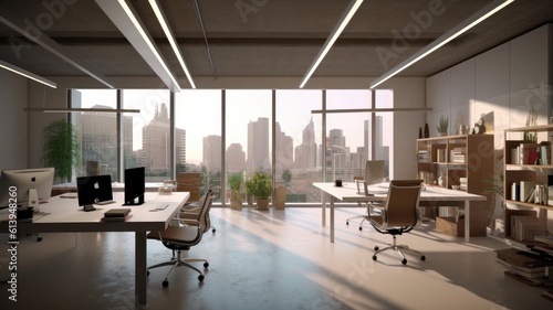 Loft style open space office in a modern urban building. Concrete floor and walls, large tables, comfortable chairs, desktop computers, plants in floor pots, floor-to-ceiling windows Generative AI