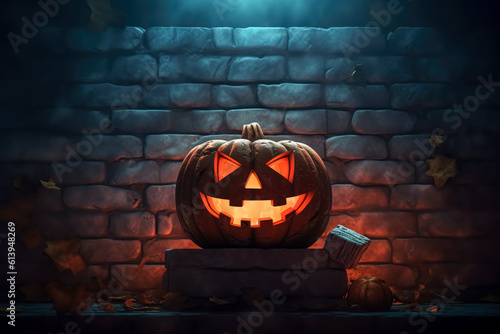 Evil Jack O Lantern Smiling Face sitting on a stone wall. Halloween evil pumpkin background