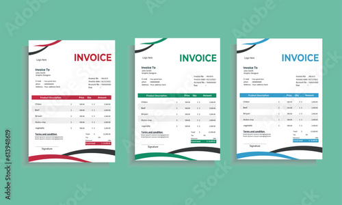 Business invoice form template. Invoicing quotes, money bills or price invoices, and payment agreement design templates. Tax form, bill graphic, or payment receipt page vector set.