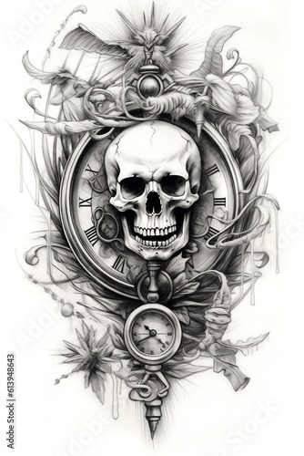 Simple Skull with Pocket Watch Clock on White Background Sketch Tattoo Generative AI