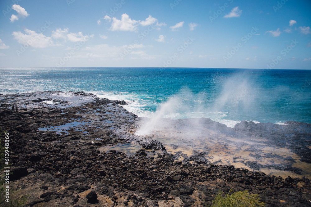 Looking out over Spouting Horn on Poipu Beach on the island of Kauai, Hawaii on a bright, sunny day