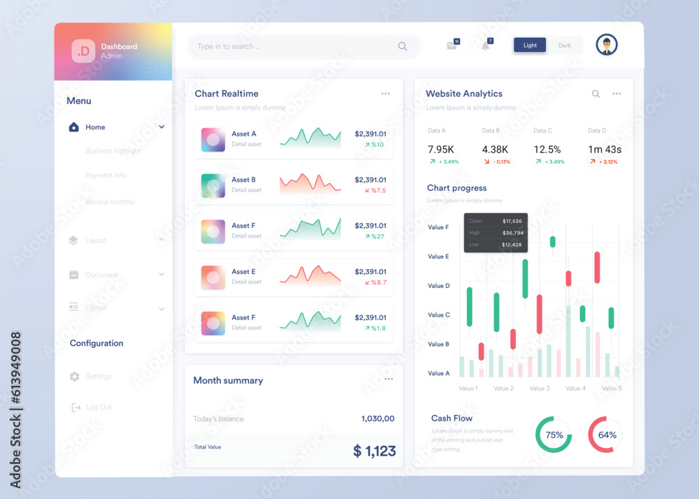 Infographic dashboard. UI design with graphs, charts and diagrams. Web interface template for business presentation. Infographic dashboard. UI design with graphs, charts and diagrams. Web interface template for business presentation.