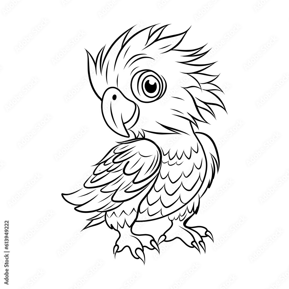 CHICKEN COLORING PAGE. Chick cute funny character linear illustration for children coloring.
