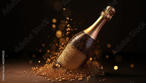 champagne bottle and glass with sparkles. generative AI 