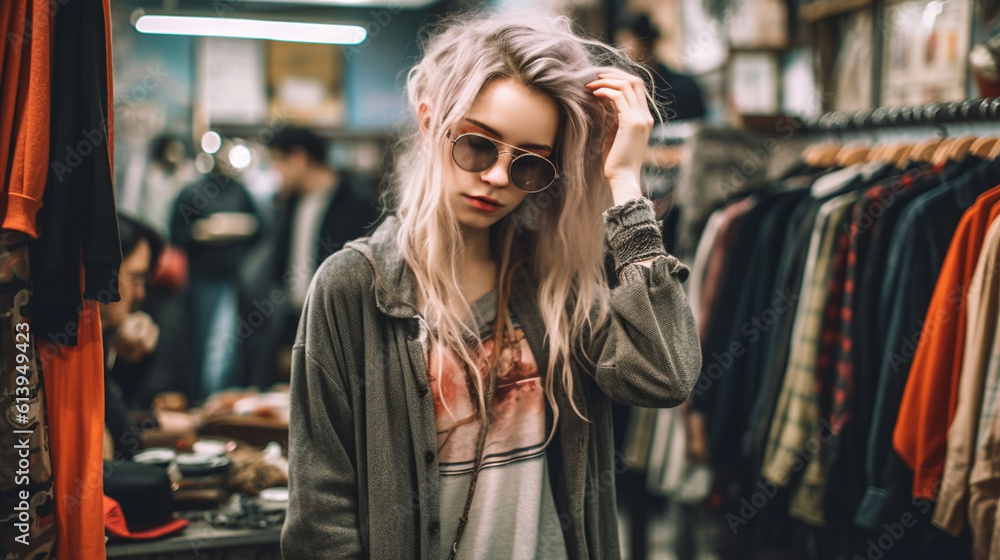 young adult woman or teenager girl, thinks and seems confused or shocked or sad, scared or frightened, in a crowded clothes shop in a city, fictional place