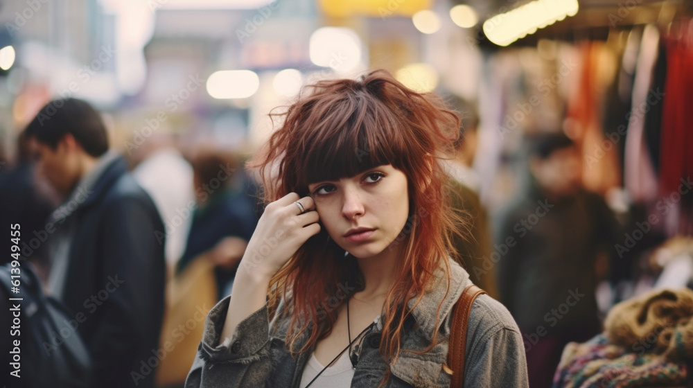 Obraz premium young adult woman or teenager girl, thinks and seems confused or shocked or sad, scared or frightened, in a crowded clothes shop in a city, fictional place