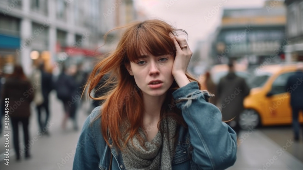 young adult woman or teenager girl, thinks and seems confused or shocked or sad, scared or frightened, in a crowded shopping street in a city, fictional place