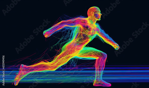 Neon Thread Man: Silhouette of Running Figure on Black Background. Created using generative AI tools
