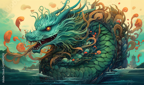 Majestic green chinese dragon illustration. Created using generative AI tools © Nick Alias