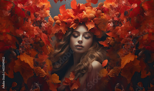Beautiful woman with autumn maple leaf crown. Created using generative AI tools