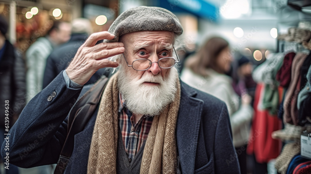 an old man with coat and cap and gray beard, thinks and seems confused or shocked, scared or frightened, in a crowded shopping street, fictional place an old man with coat and cap and gray beard, thinks and seems confused or shocked, scared or frightened, in a crowded shopping street, fictional place