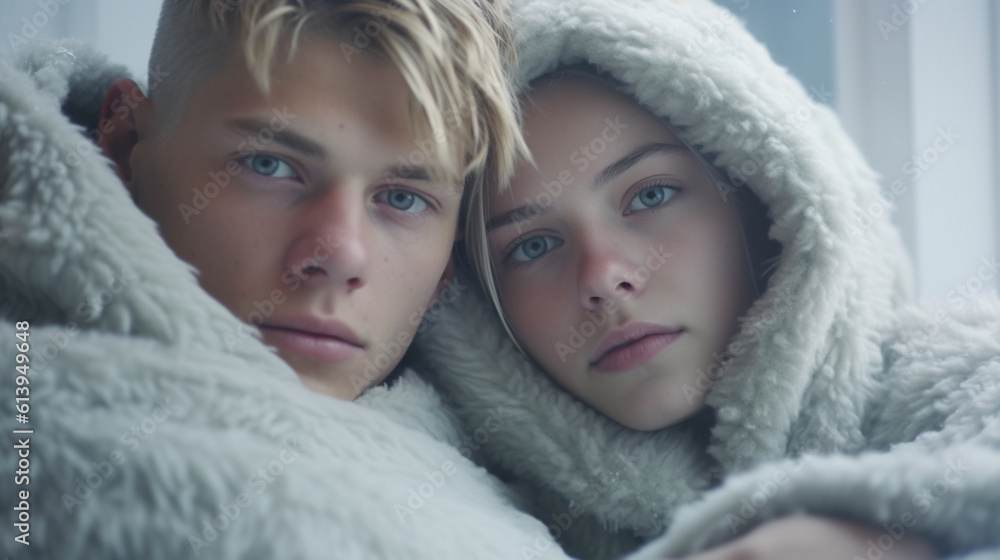 young adult man and woman, couple, snuggled up in blanket, scared or poverty or togetherness with problems, worries and troubles, sad expression on face young adult man and woman, couple, snuggled up in blanket, scared or poverty or togetherness with problems, worries and troubles, sad expression on face