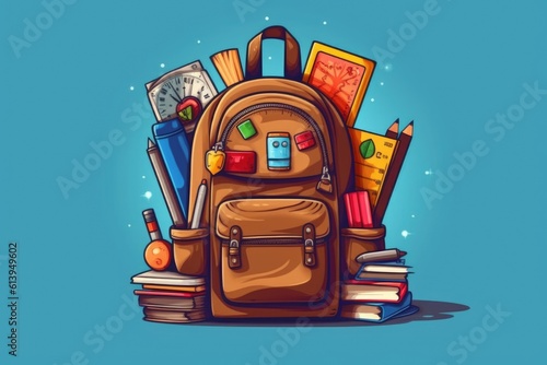 Illustration of backpack with school supplies. Generative AI