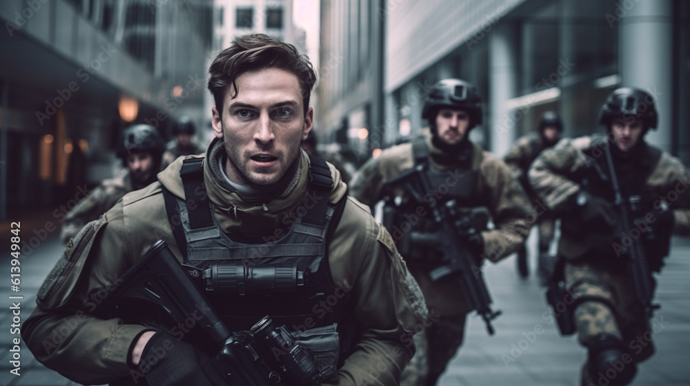 Fototapeta premium young men run hurriedly down a narrow street, with machine guns, in soldier's uniform, special unit or professional soldiers, between shops and buildings, fictitious place