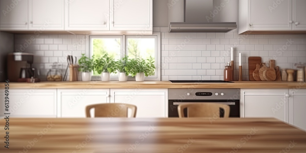Kitchen room in Spacious Home. Wooden tabletop in a modern interior Kitchen room in Spacious Home. Wooden tabletop in a modern interior