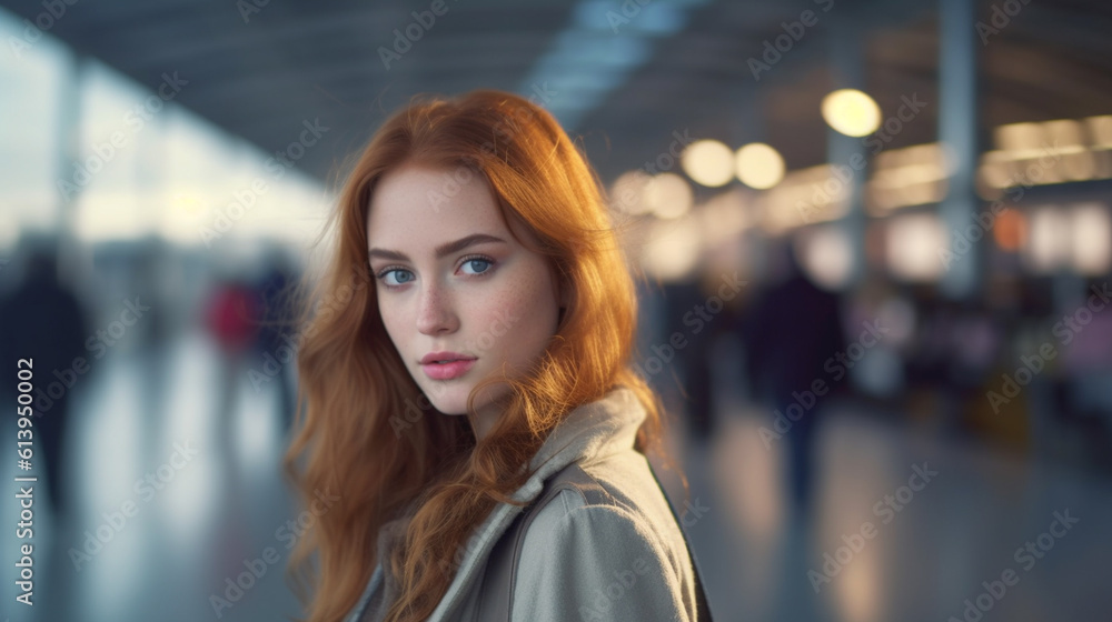 young adult woman, at the crowded airport or train station, rush busy crowd, queue, arrival or departure, fictional place