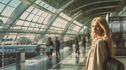 young adult woman, at the crowded airport or train station, rush busy crowd, queue, arrival or departure, fictional place