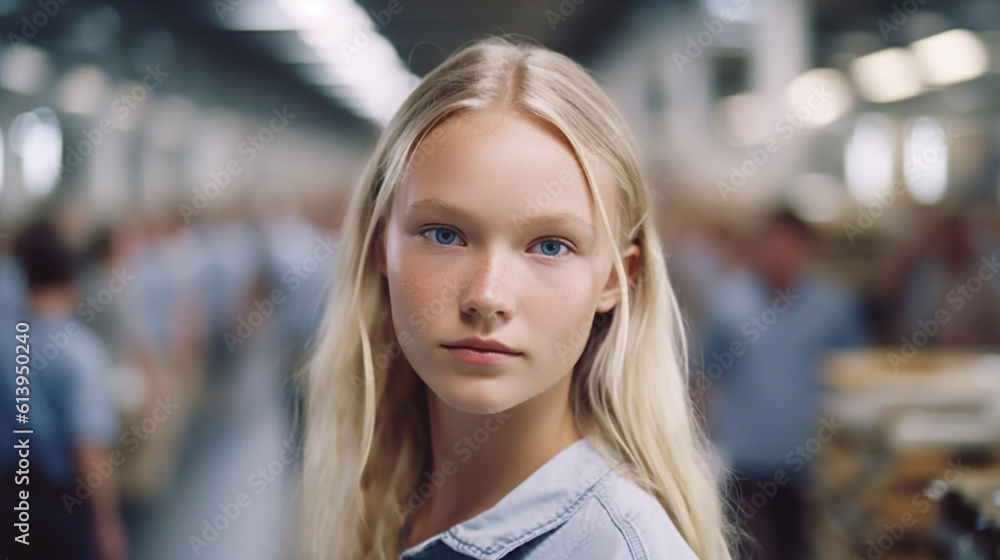 young adult woman working in a production hall, many employees, employees working on the job, blonde caucasian, fictional location young adult woman working in a production hall, many employees, employees working on the job, blonde caucasian, fictional location