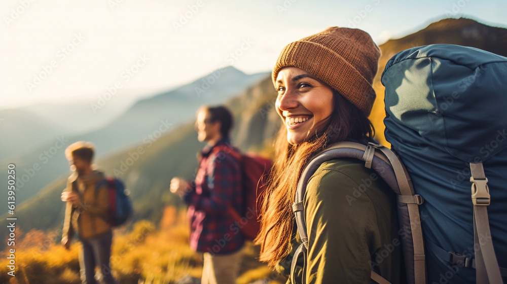 young adult woman, hiking or mountaineering, backpack, backpacker, traveling with friends, group trip, caucasian, smiling happy, fictional location