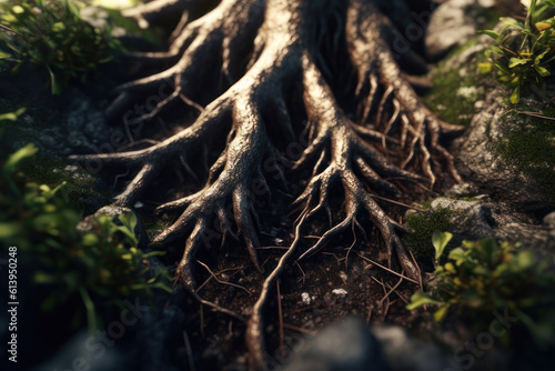 Tree roots on the ground close-up. AI generative.