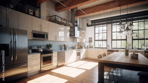 Spacious loft style kitchen with dining area. White facades  open shelves  large wooden table  modern kitchen appliances  wooden floor  wooden ceiling with beams  green plants  panoramic Generative AI