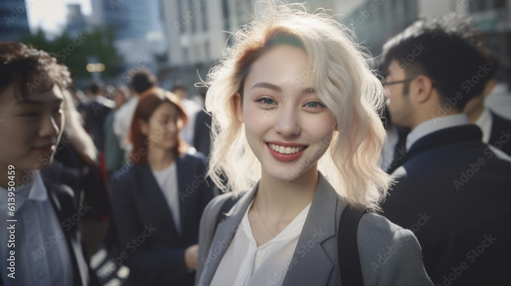 adult woman, 20s, blonde hair, suit and shirt, in a shopping or business street with many people, buildings and shops, smiling, fictional place adult woman, 20s, blonde hair, suit and shirt, in a shopping or business street with many people, buildings and shops, smiling, fictional place