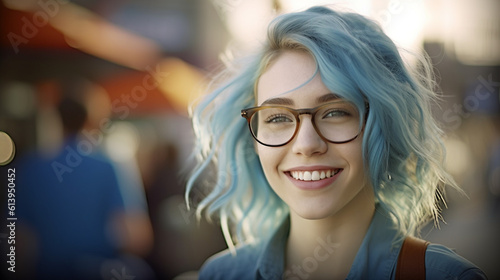 adult woman, 20s, middle-long blonde-blue hair, suit and shirt, in a shopping or business street with many people, buildings and shops, smiling, fictional place