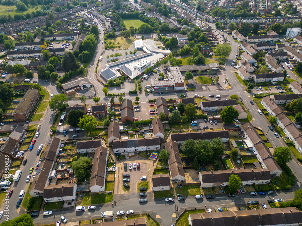 Aerial view of neighbourhood in Coventry. Residential houses in Coventry.
