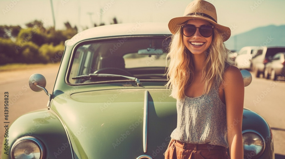 Naklejka premium young adult woman wearing sun hat and summer dress, in summer, by vehicle car, road trip or event or festival, parking, summer vacation travel by car