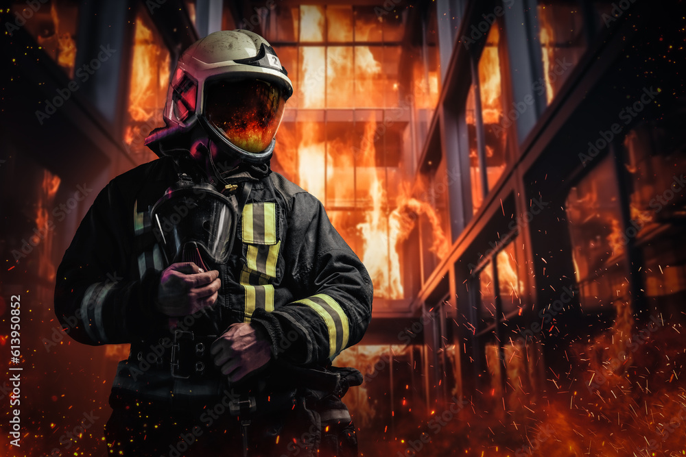 Courageous firefighter in protective uniform stands amidst billowing flames and smoke inside an office building. This photo exemplifies the bravery and sacrifice of emergency responders