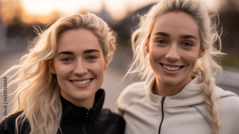 Obraz premium young adult woman and her best friend jogging together down the streets in a residential area, rural, small town or village, sport and running, fictional location