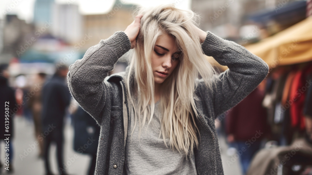 young adult woman or teenager girl, thinks and seems confused or shocked or sad, scared or frightened, in a crowded shopping street in a city, fictional place young adult woman or teenager girl, thinks and seems confused or shocked or sad, scared or frightened, in a crowded shopping street in a city, fictional place