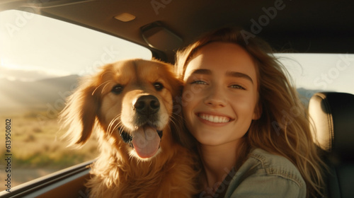 young adult woman and her big dog in the car on the back seat, travel by car, teenage girl or young woman, caucasian, car ride, driving a car on road