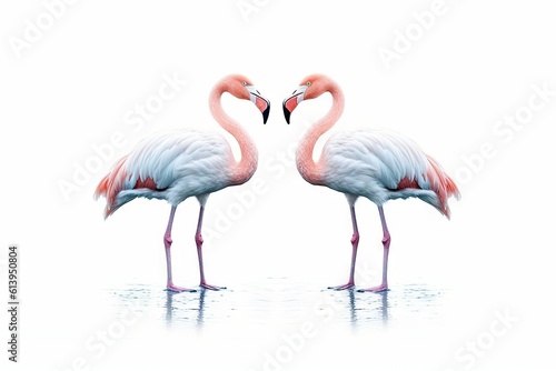 two_flamingos_standing_on_a_white_background