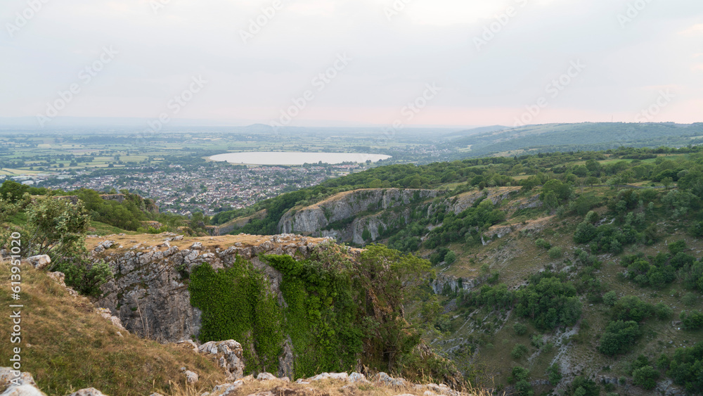 Low angle of The Cheddar Gorge with a drone. Drone view of The Cheddar Gorge